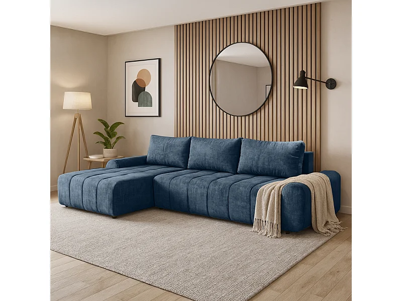Ecksofa Costa L - mit Schlaffunktion & Bettkasten – Stoff Vogue in Blau, Ottomane links
