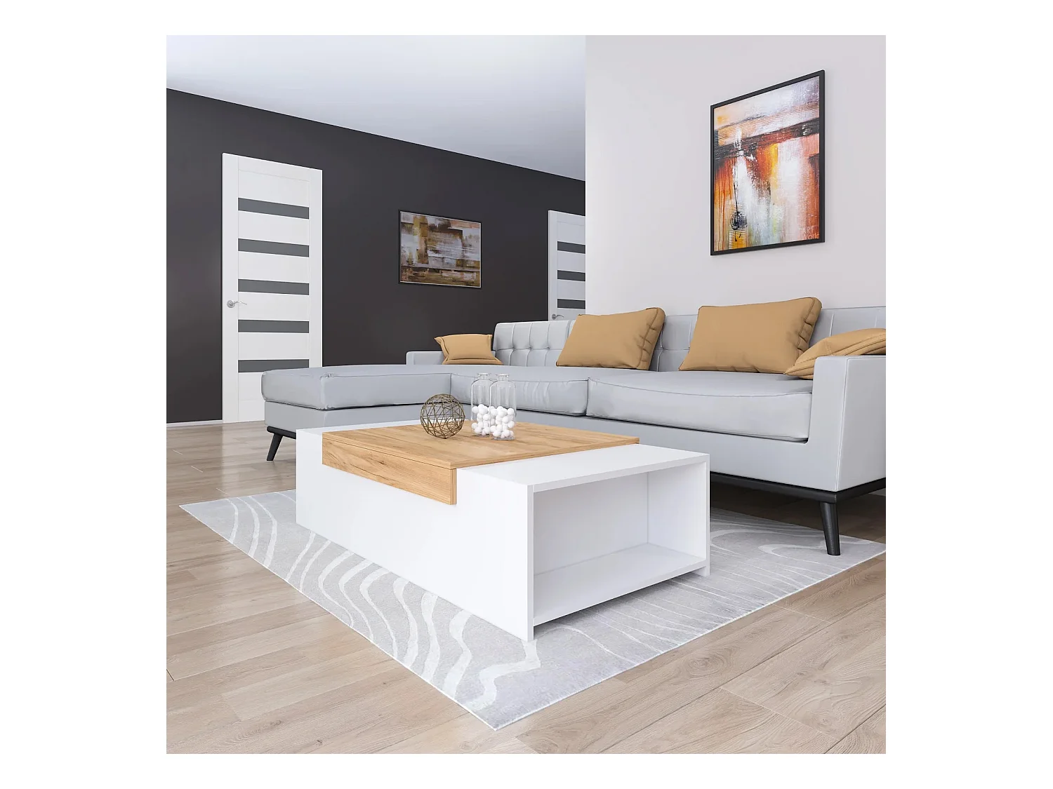 Stolik kawowy - płyta wiórowa - biały i dąb - TRAGI