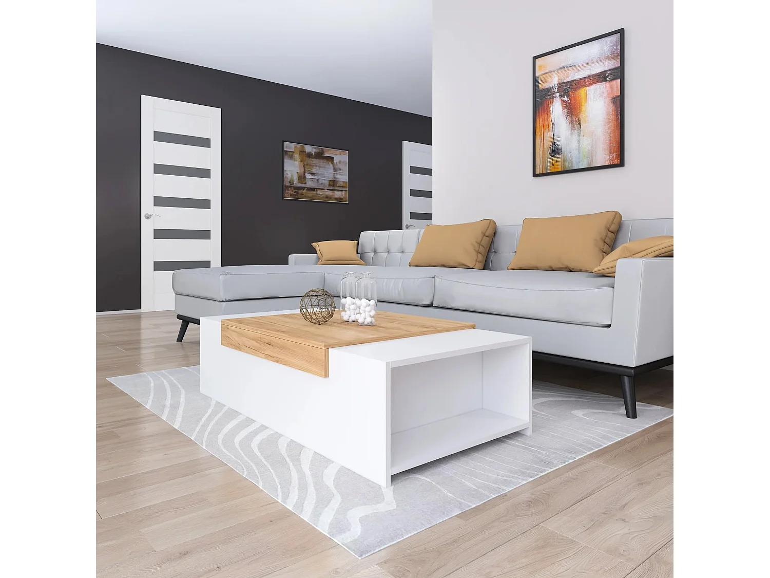 Stolik kawowy - płyta wiórowa - biały i dąb - TRAGI