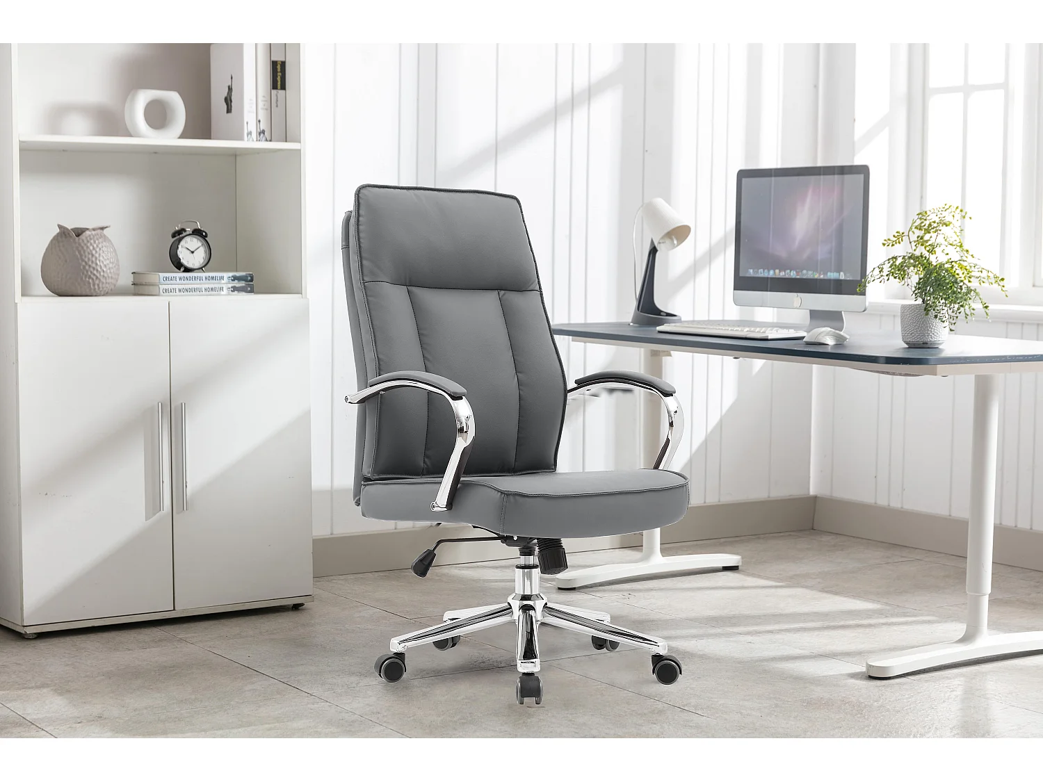 Chaise de bureau - Pivotante et réglable en hauteur - Cuir synthétique - Gris - NAHUM