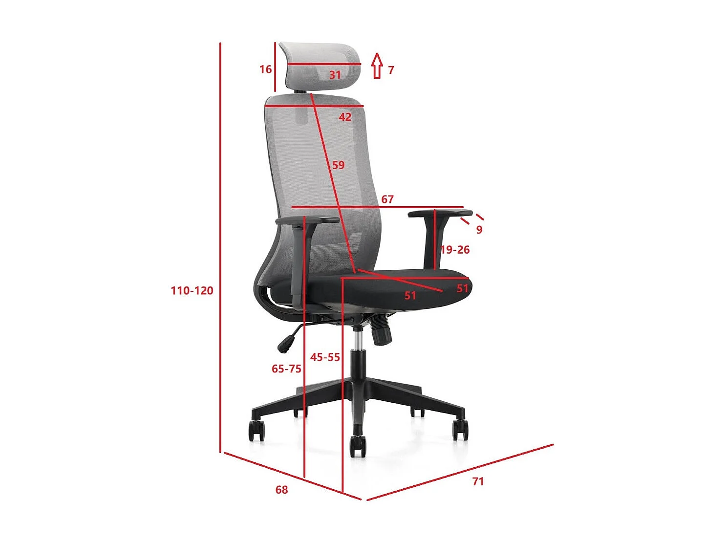 Chaise de bureau - Pivotante et réglable en hauteur - Tissu et résille - Gris et noir - MELTE
