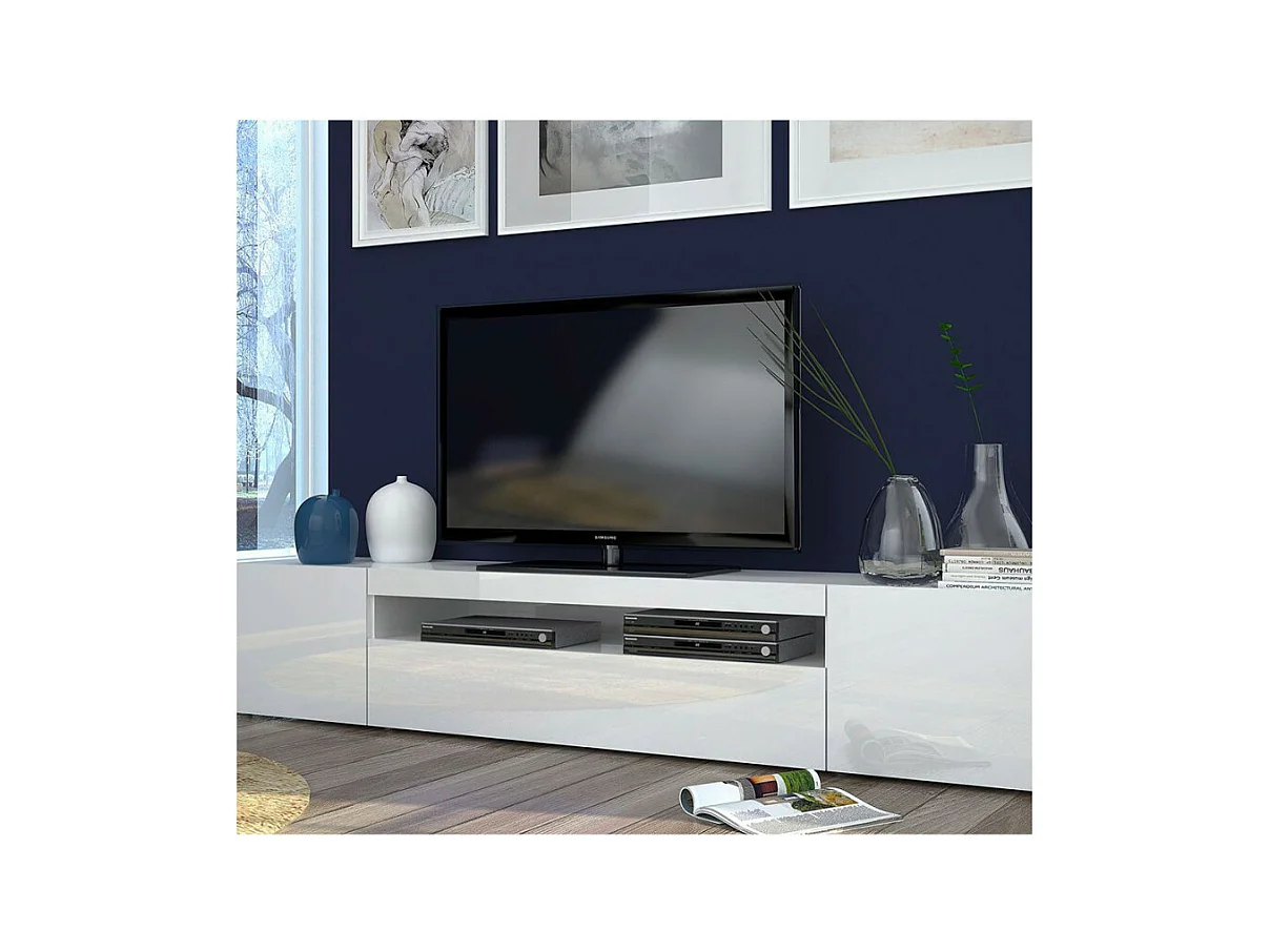 Meuble TV avec portes et tiroirs à abattant 200 cm design Takara