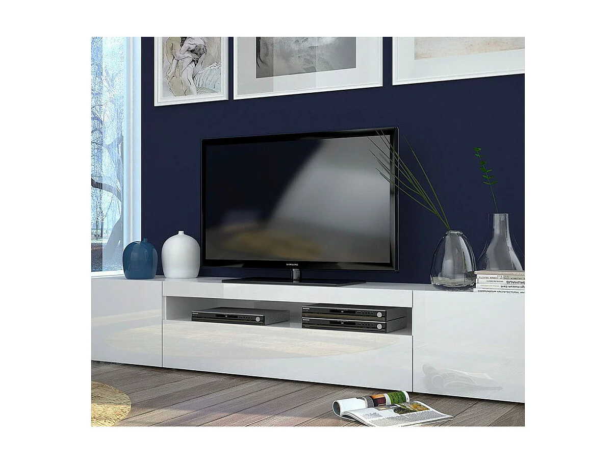 Meuble TV avec portes et tiroirs à abattant 200 cm design Takara