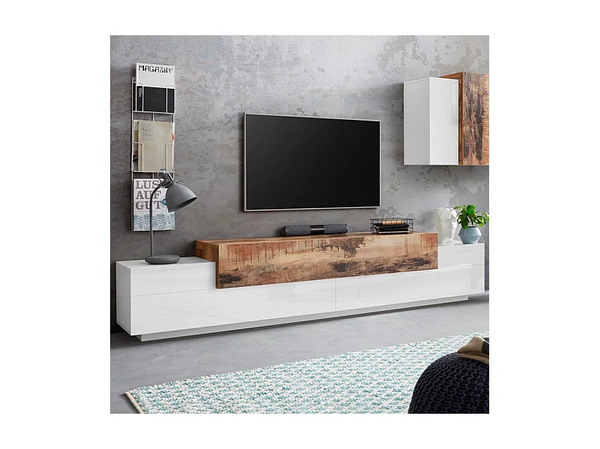 Mobile TV moderno 240cm 4 armadietti 3 ante bianco legno Lumen