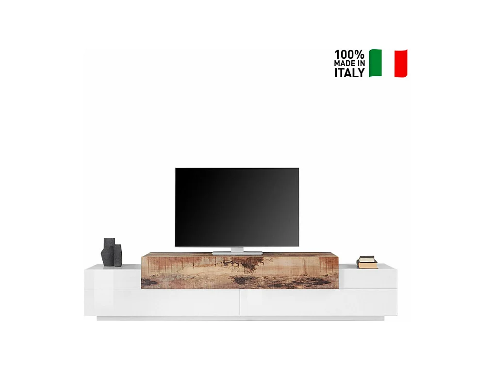 Mobile TV moderno 240cm 4 armadietti 3 ante bianco legno Lumen