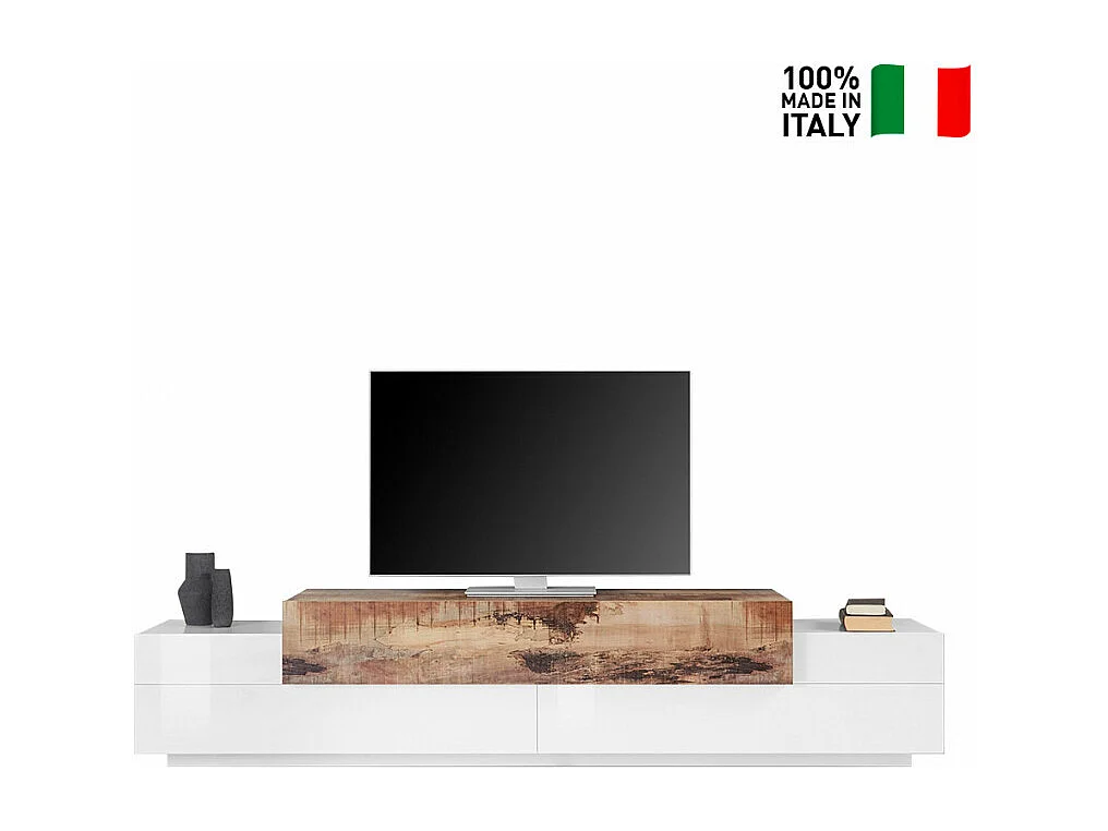 Mobile TV moderno 240cm 4 armadietti 3 ante bianco legno Lumen