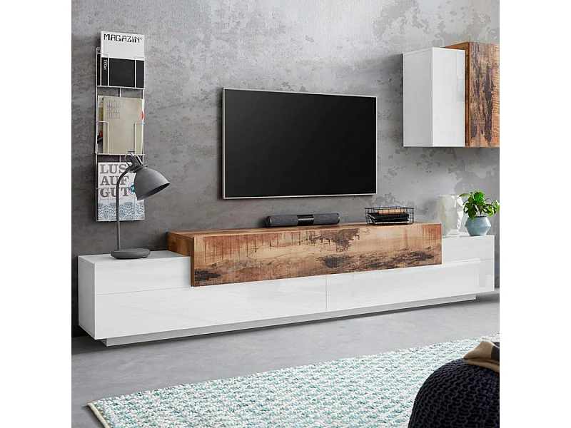 Mobile TV moderno 240cm 4 armadietti 3 ante bianco legno Lumen