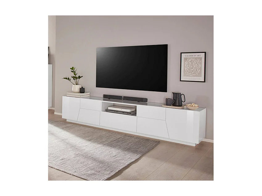 Mobile TV da salotto moderno 220x43cm bianco lucido Tetris