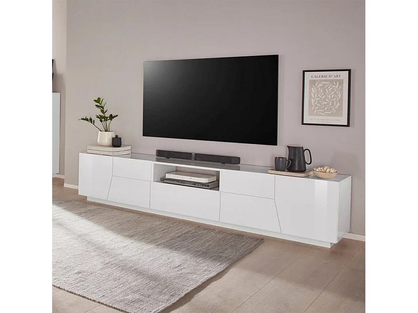 Mobile TV da salotto moderno 220x43cm bianco lucido Tetris
