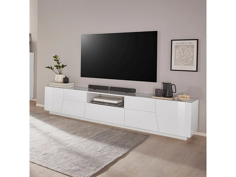 Mobile TV da salotto moderno 220x43cm bianco lucido Tetris