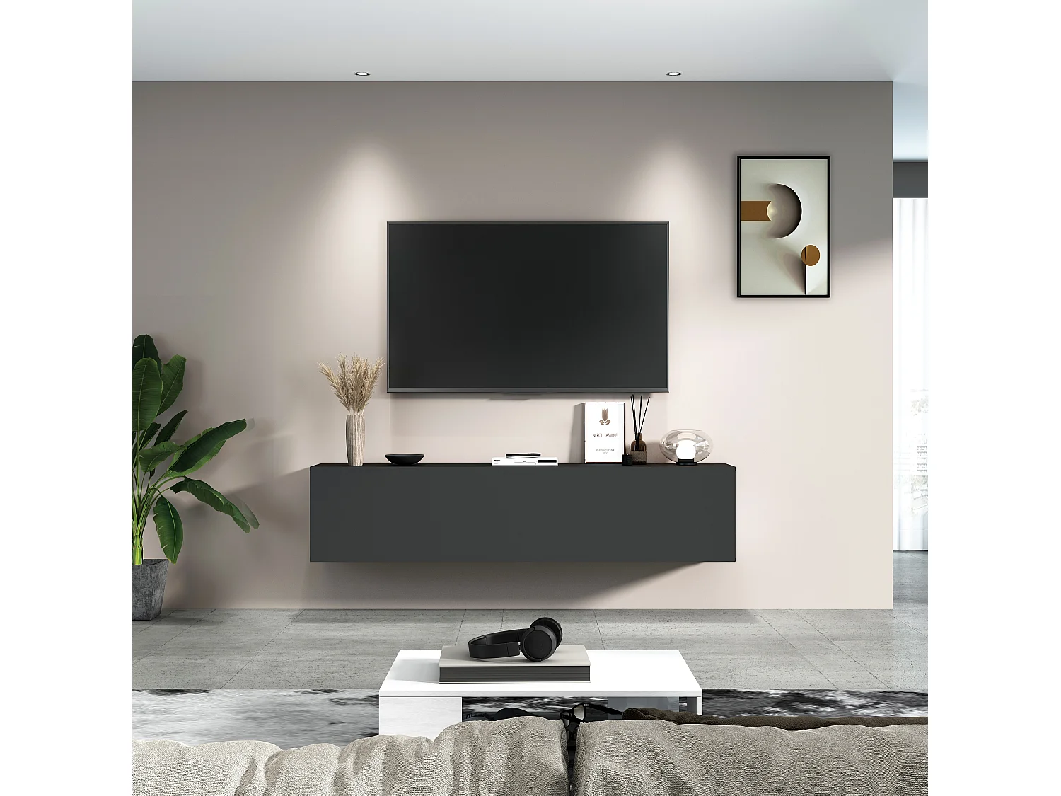 Moderne-TV-Bank für Wohnzimmer 180cm 1 Tür 2 Fächer in grau Note Low