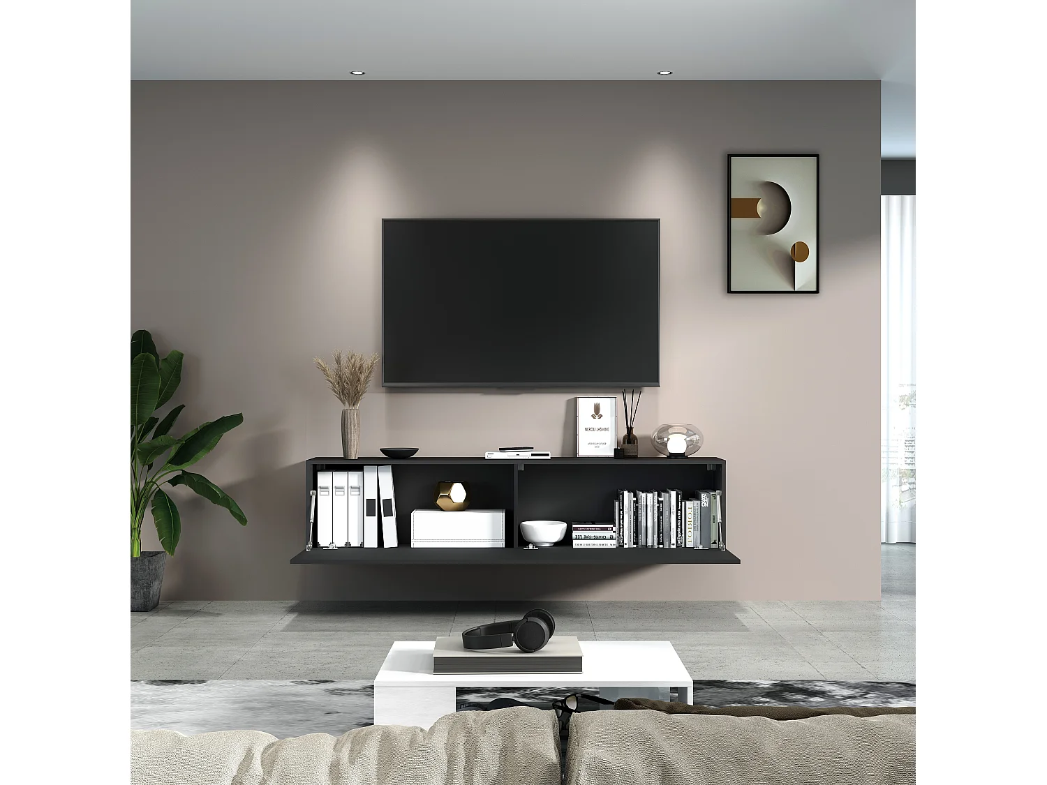 Moderne-TV-Bank für Wohnzimmer 180cm 1 Tür 2 Fächer in grau Note Low