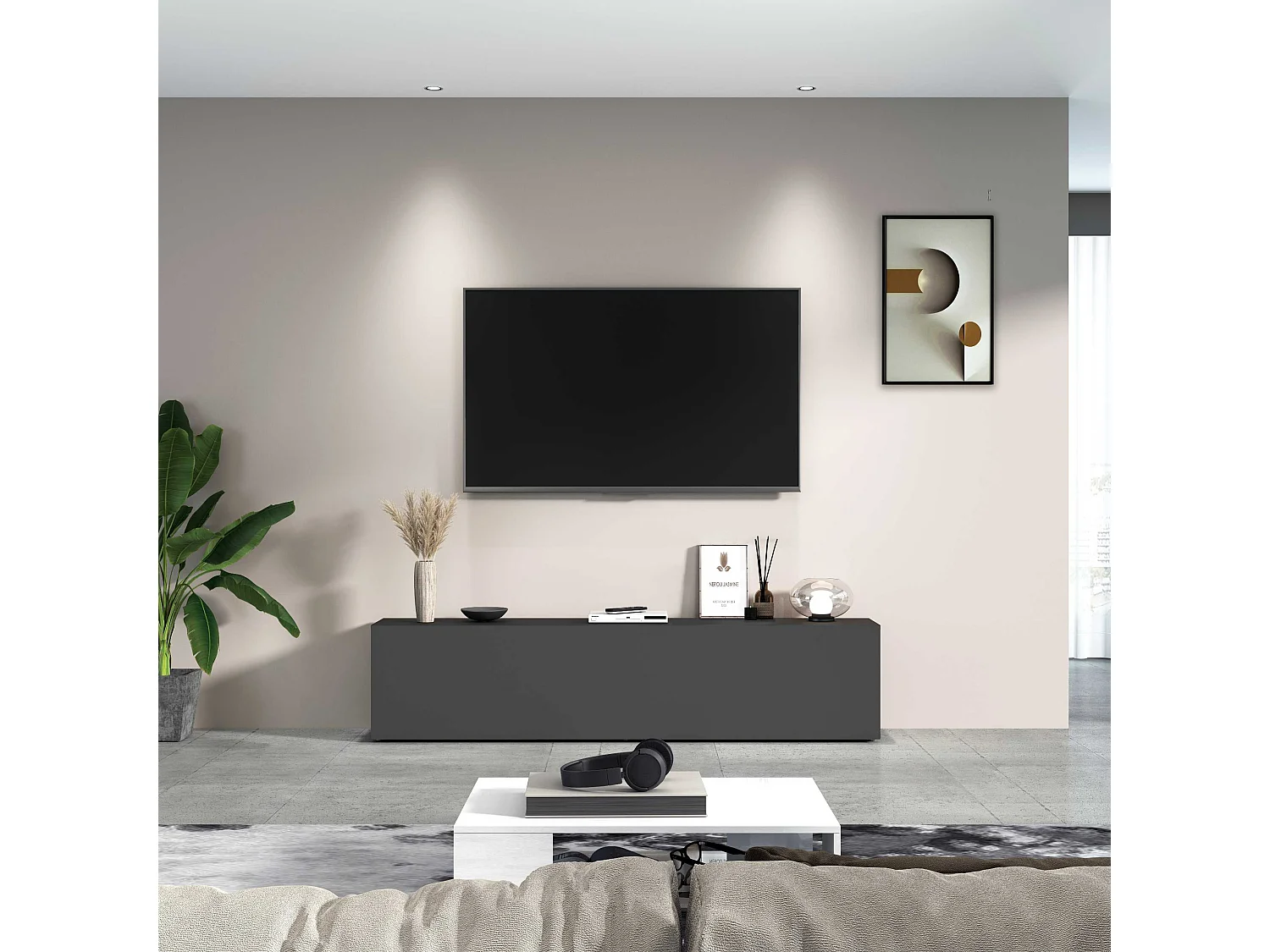 Moderne-TV-Bank für Wohnzimmer 180cm 1 Tür 2 Fächer in grau Note Low