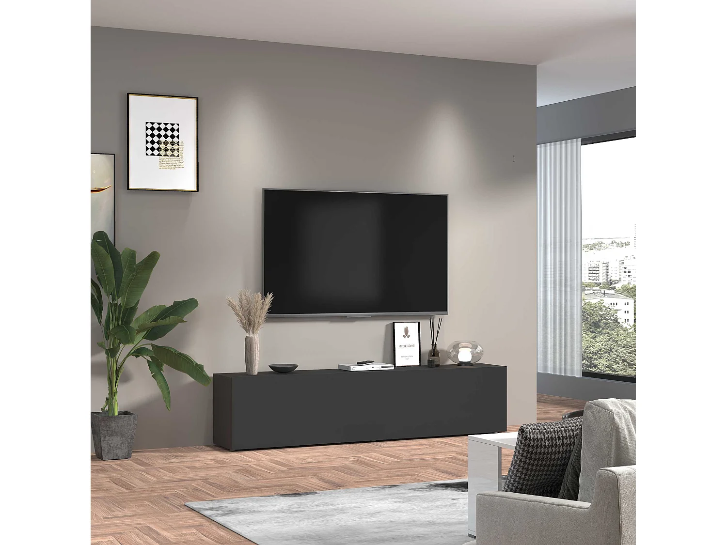 Moderne-TV-Bank für Wohnzimmer 180cm 1 Tür 2 Fächer in grau Note Low