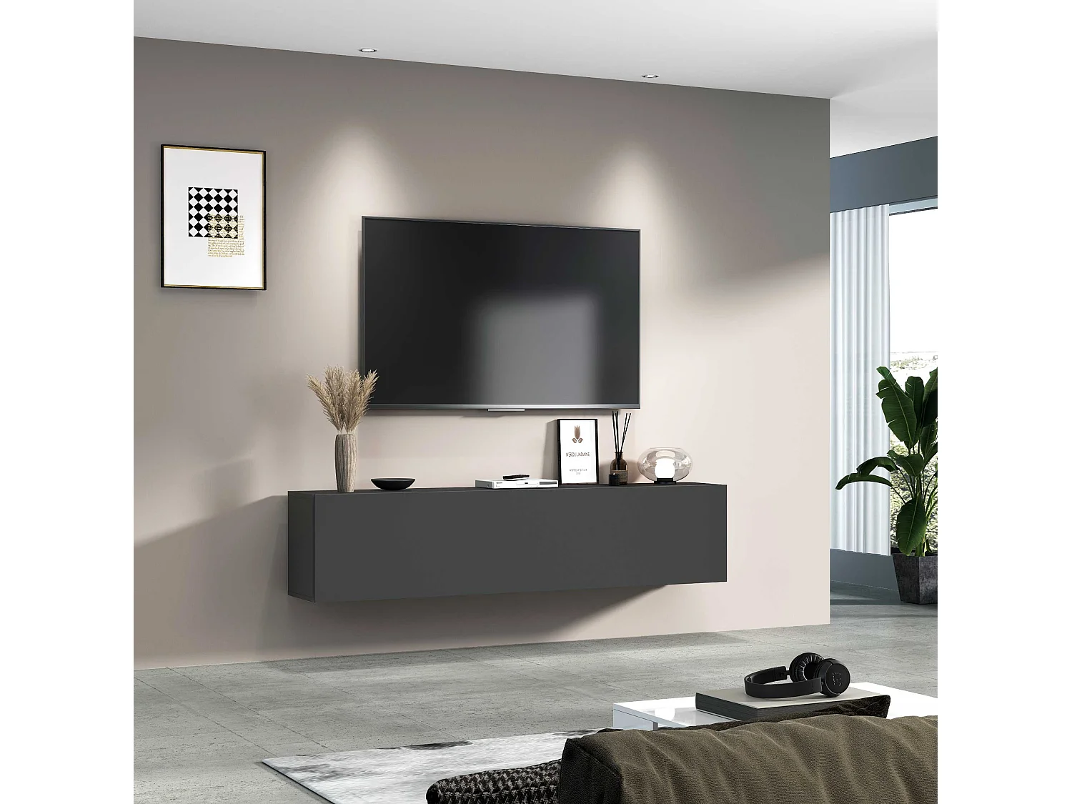 Moderne-TV-Bank für Wohnzimmer 180cm 1 Tür 2 Fächer in grau Note Low