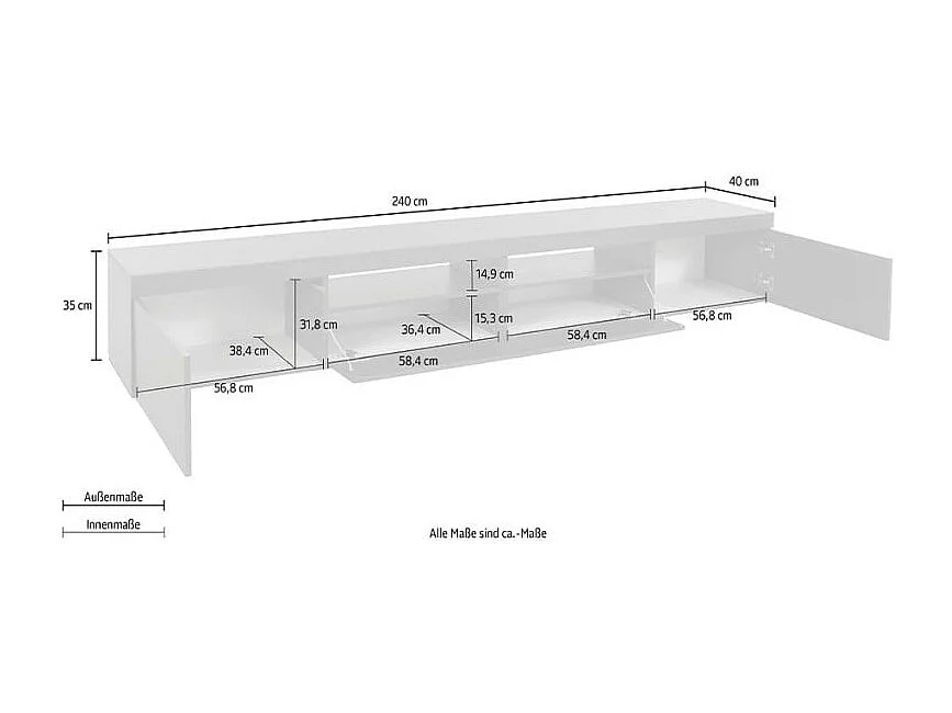 Meuble TV bas avec roulettes 2 portes 1 abattant 240x40x35cm Dune