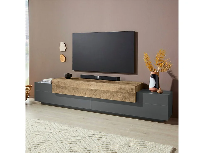 Meuble TV design moderne 240cm gris et bois Zeus