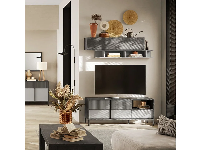 Mobile TV soggiorno moderno 2 porte 1 cassetto 156x40x64cm Glint