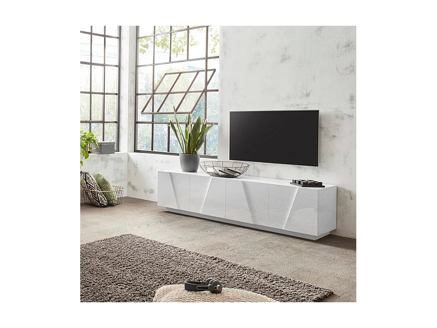 Meuble TV de salon 4 portes 2 pièces design moderne blanc Alba