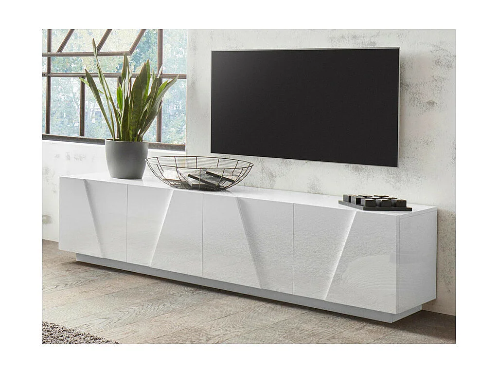 Meuble TV de salon 4 portes 2 pièces design moderne blanc Alba