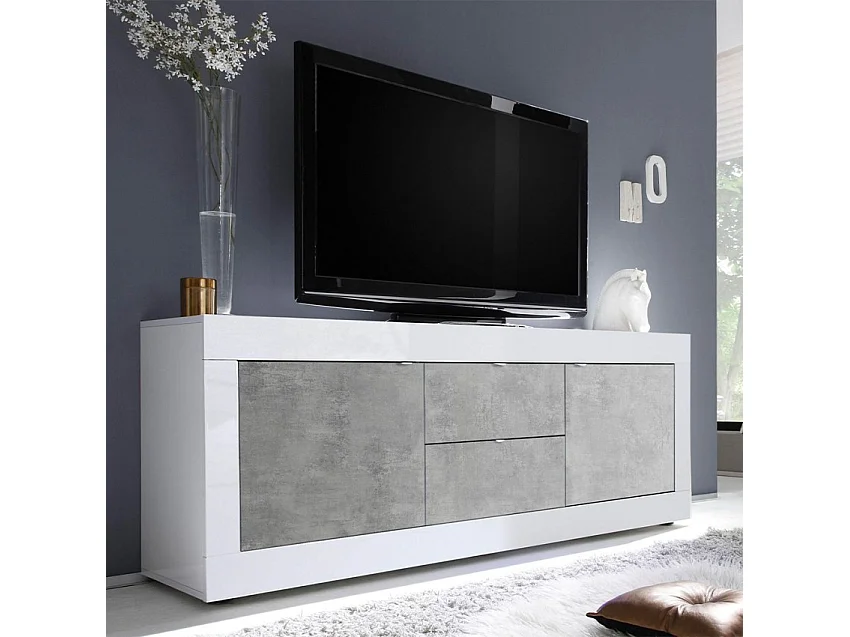 Meuble TV 210cm 2 portes 2 tiroirs blanc brillant ciment Storm