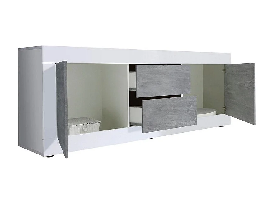 Meuble TV 210cm 2 portes 2 tiroirs blanc brillant ciment Storm