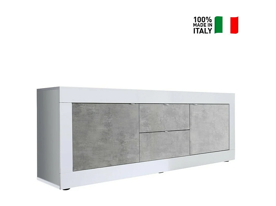 Meuble TV 210cm 2 portes 2 tiroirs blanc brillant ciment Storm