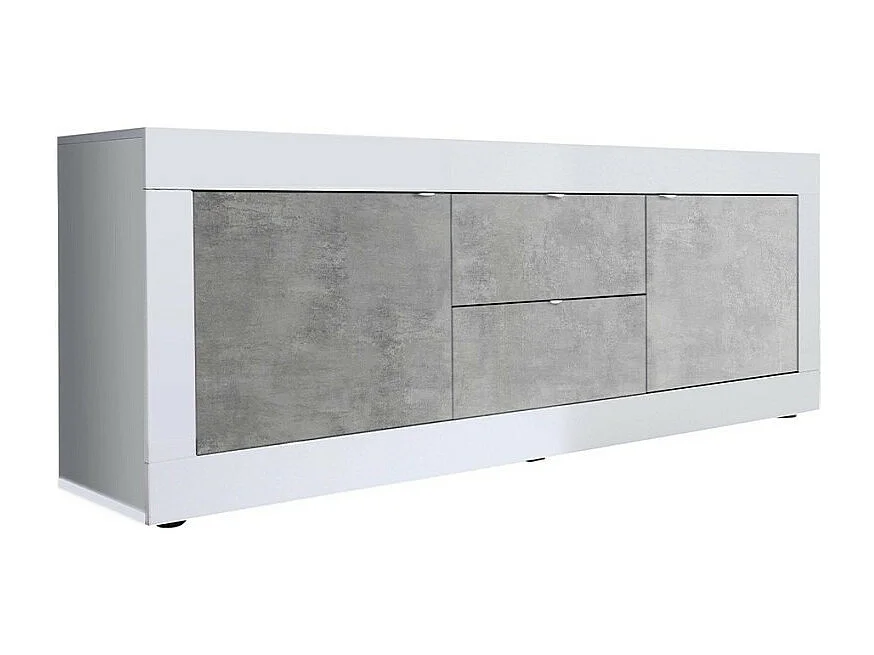 Meuble TV 210cm 2 portes 2 tiroirs blanc brillant ciment Storm