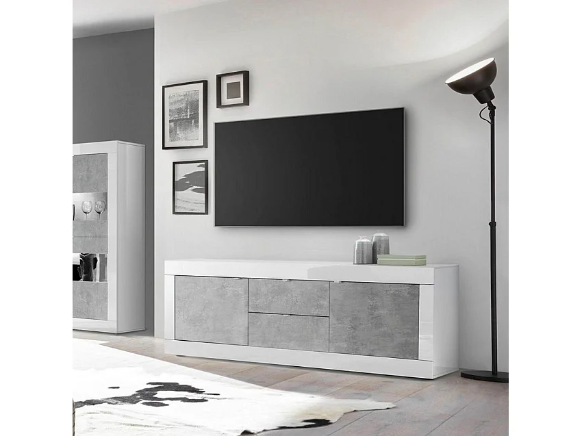 Meuble TV 210cm 2 portes 2 tiroirs blanc brillant ciment Storm