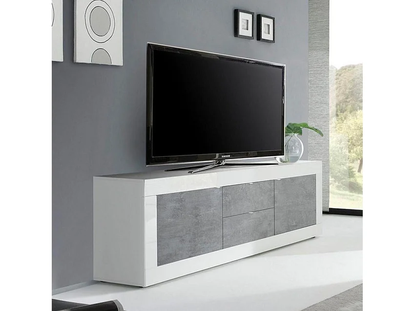 Meuble TV 210cm 2 portes 2 tiroirs blanc brillant ciment Storm