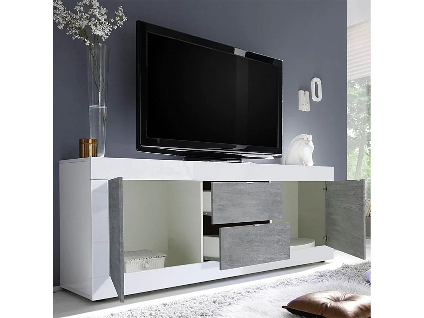 Meuble TV 210cm 2 portes 2 tiroirs blanc brillant ciment Storm