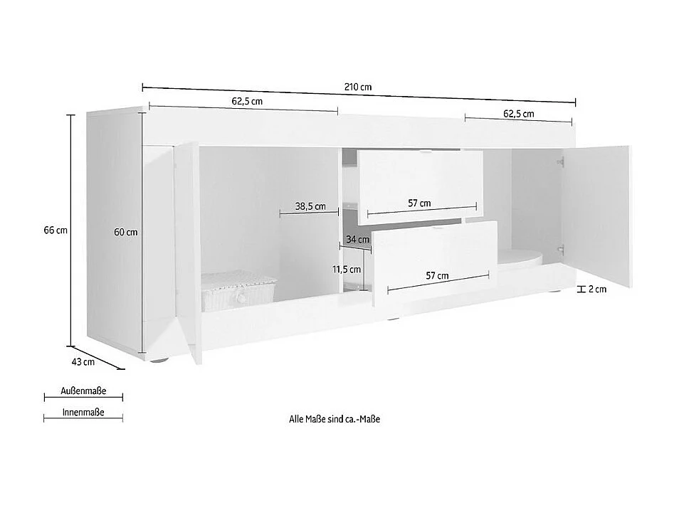 Meuble TV 210cm 2 portes 2 tiroirs blanc brillant ciment Storm