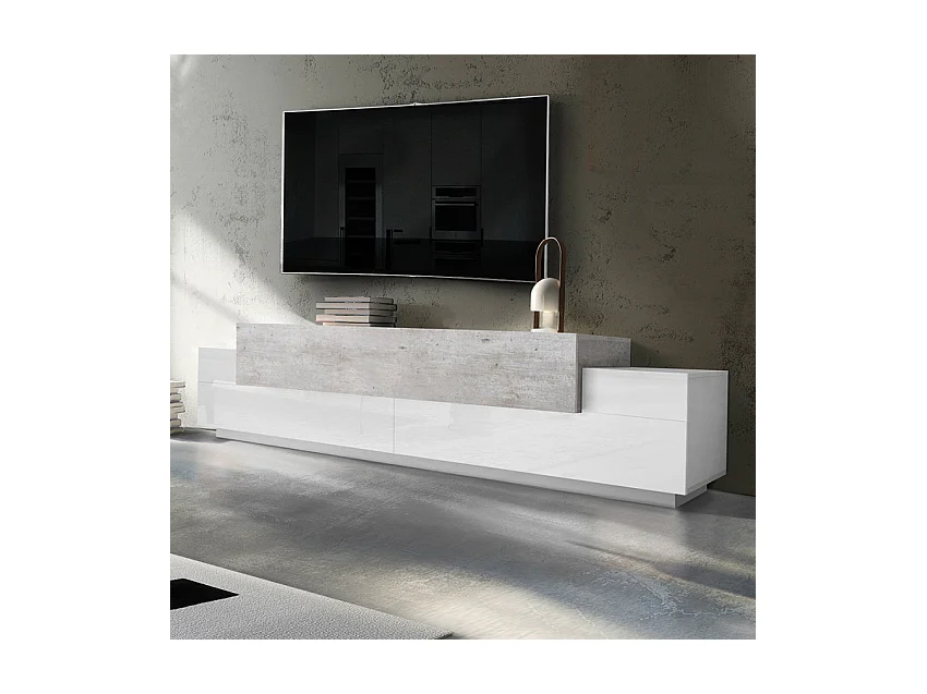 Meuble TV Design 240cm 4 armoires 3 portes blanc gris Lumen C