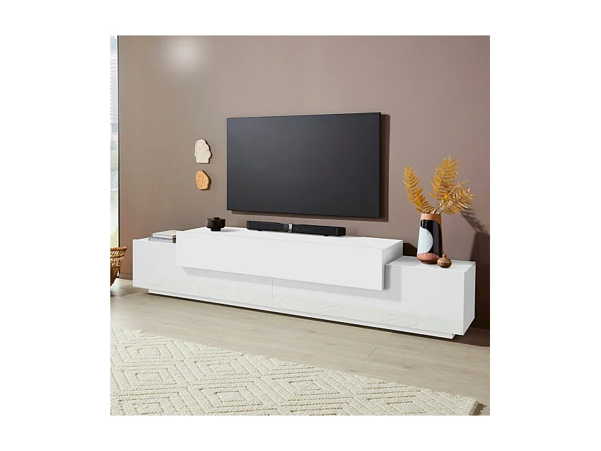 Meuble TV design moderne 240cm blanc 4 armoires 3 portes Slim