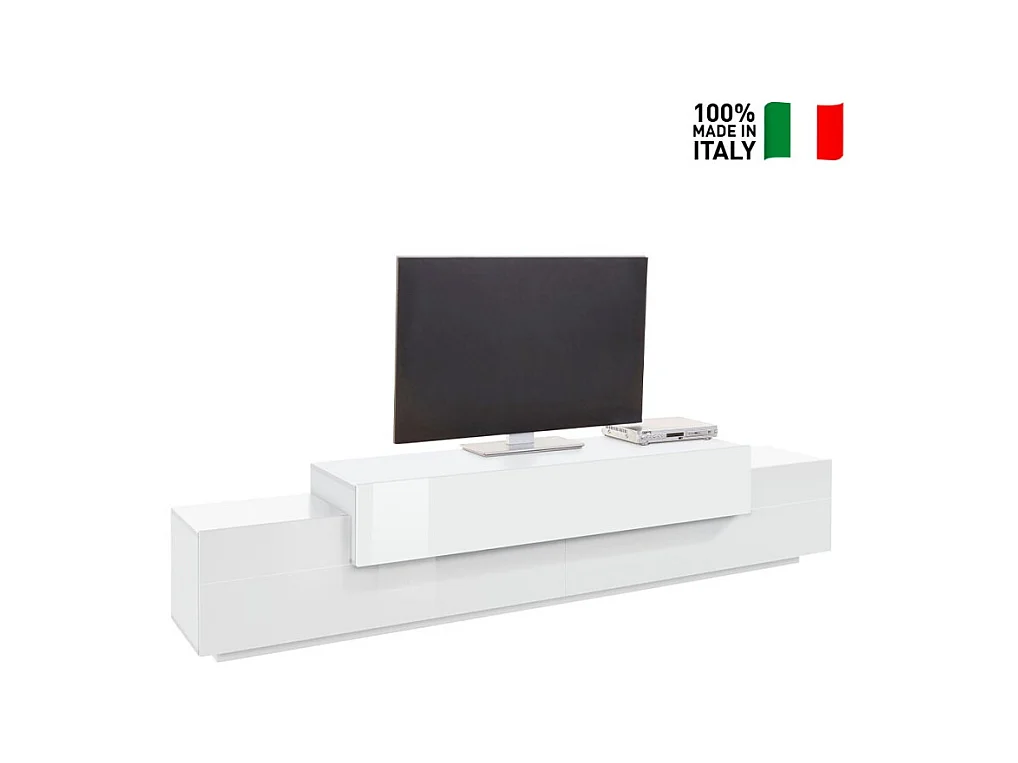 Meuble TV design moderne 240cm blanc 4 armoires 3 portes Slim