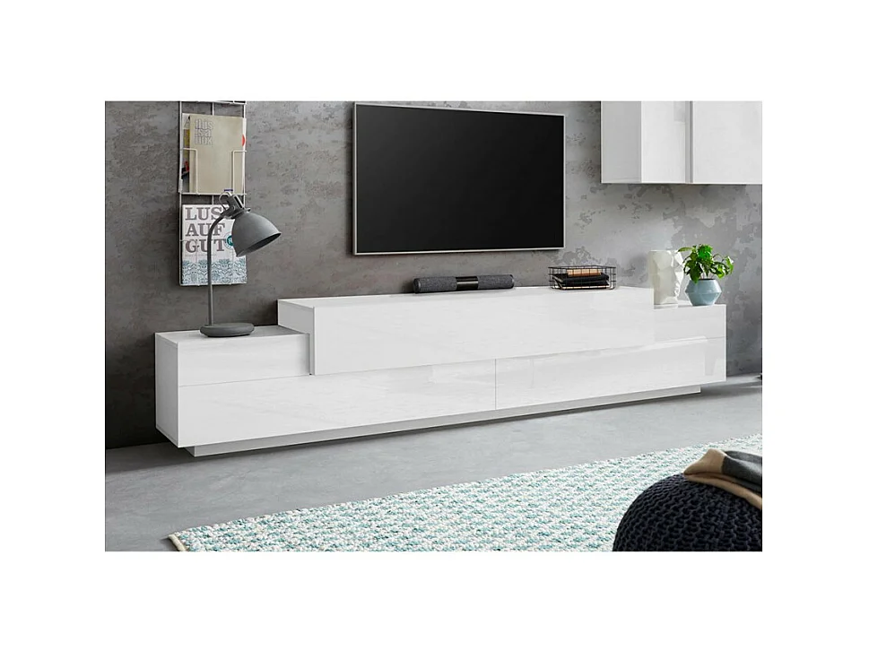 Meuble TV design moderne 240cm blanc 4 armoires 3 portes Slim