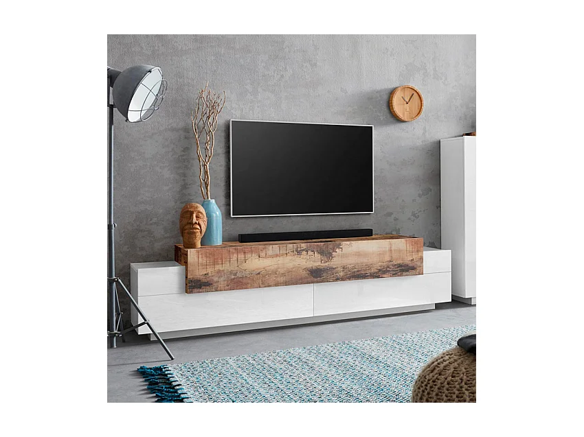 Meuble TV 4 armoires 3 portes battantes design bois blanc Blanco