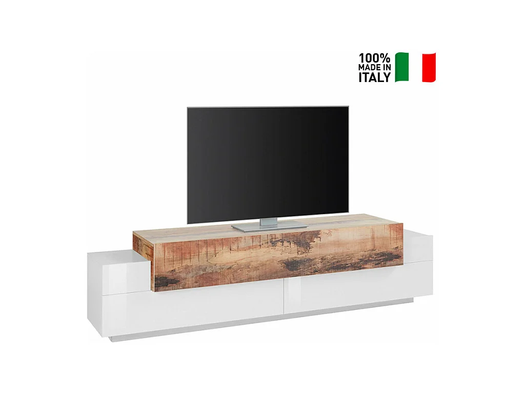 Meuble TV 4 armoires 3 portes battantes design bois blanc Blanco