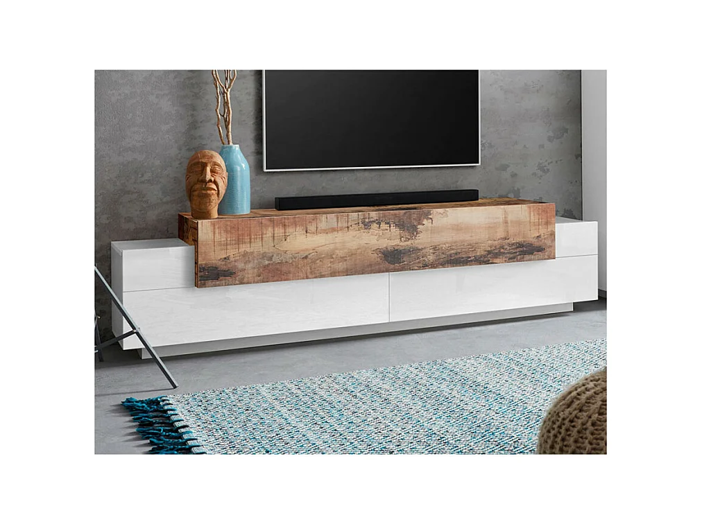 Meuble TV 4 armoires 3 portes battantes design bois blanc Blanco