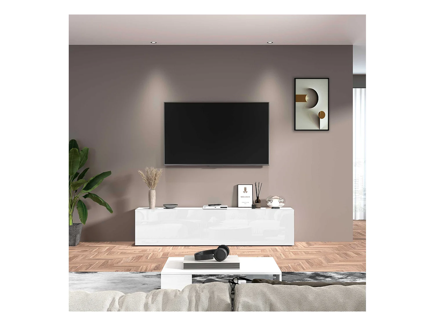 Mobile porta tv Maruska con 1 anta a ribalta bianco lucido 180x30x40 cm