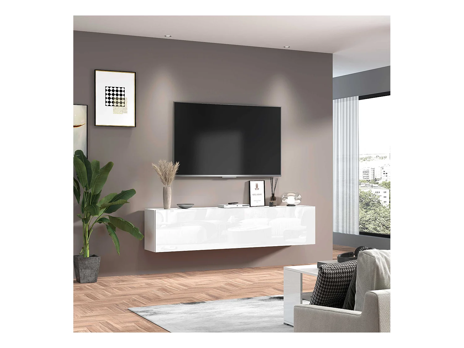 Mobile porta tv Maruska con 1 anta a ribalta bianco lucido 180x30x40 cm