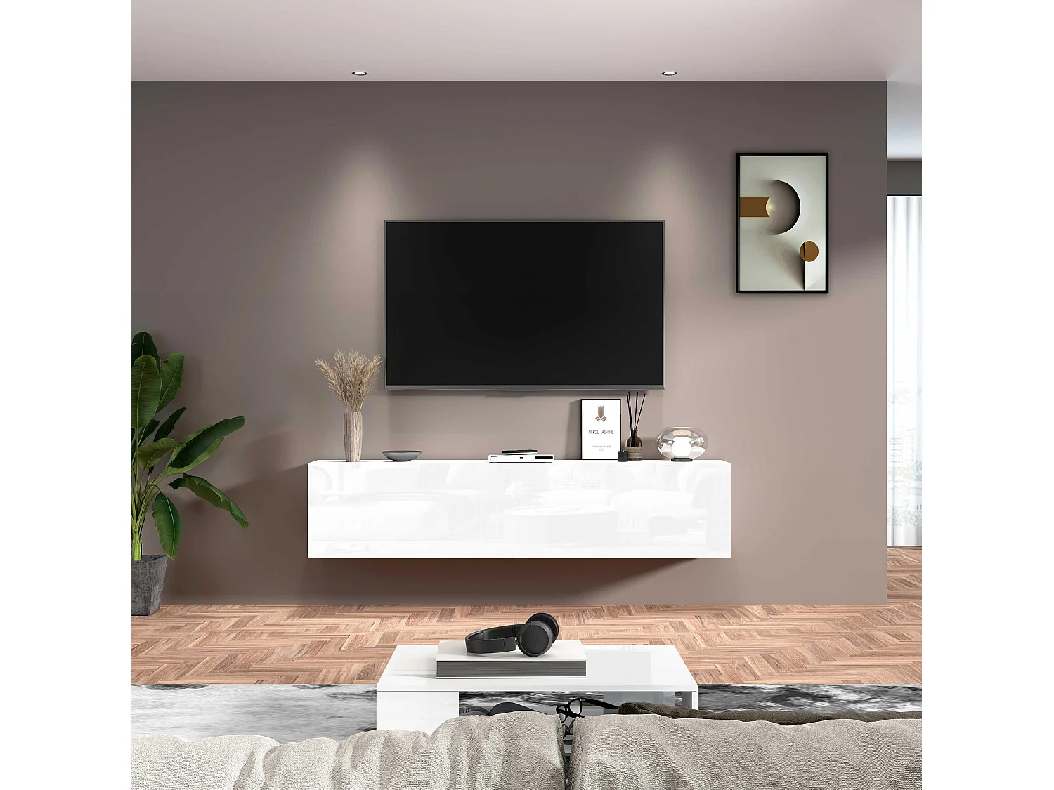 Mobile porta tv Maruska con 1 anta a ribalta bianco lucido 180x30x40 cm