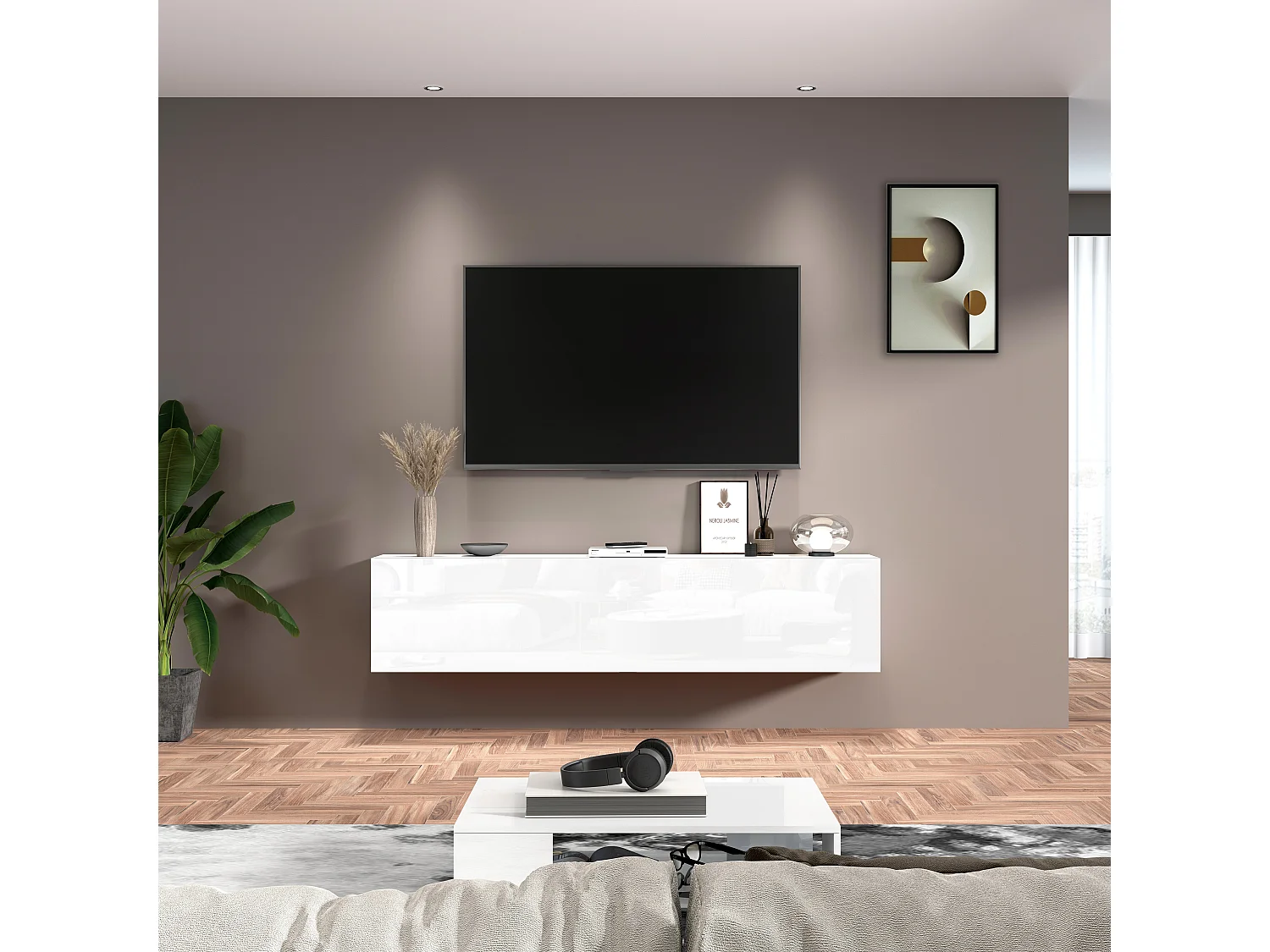 TV-Schrank Wohnzimmer 180 cm, 1 Tür, 2 Fächer, Weiß Hochglanz Joy Low