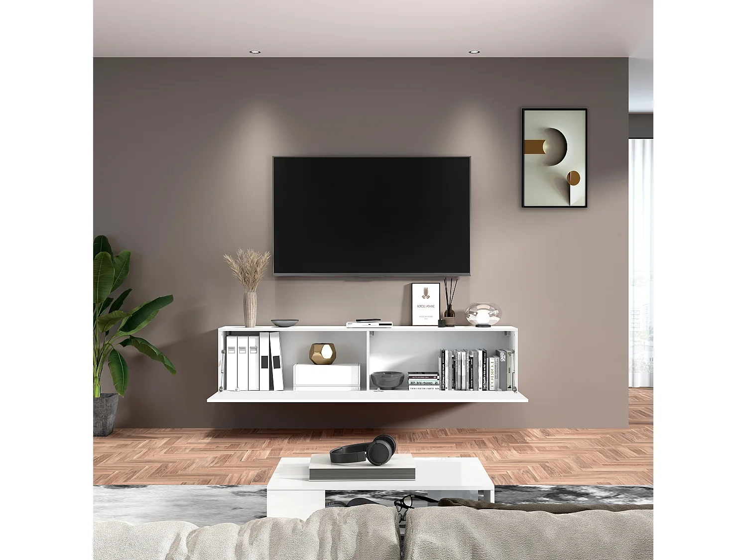 TV-Schrank Wohnzimmer 180 cm, 1 Tür, 2 Fächer, Weiß Hochglanz Joy Low