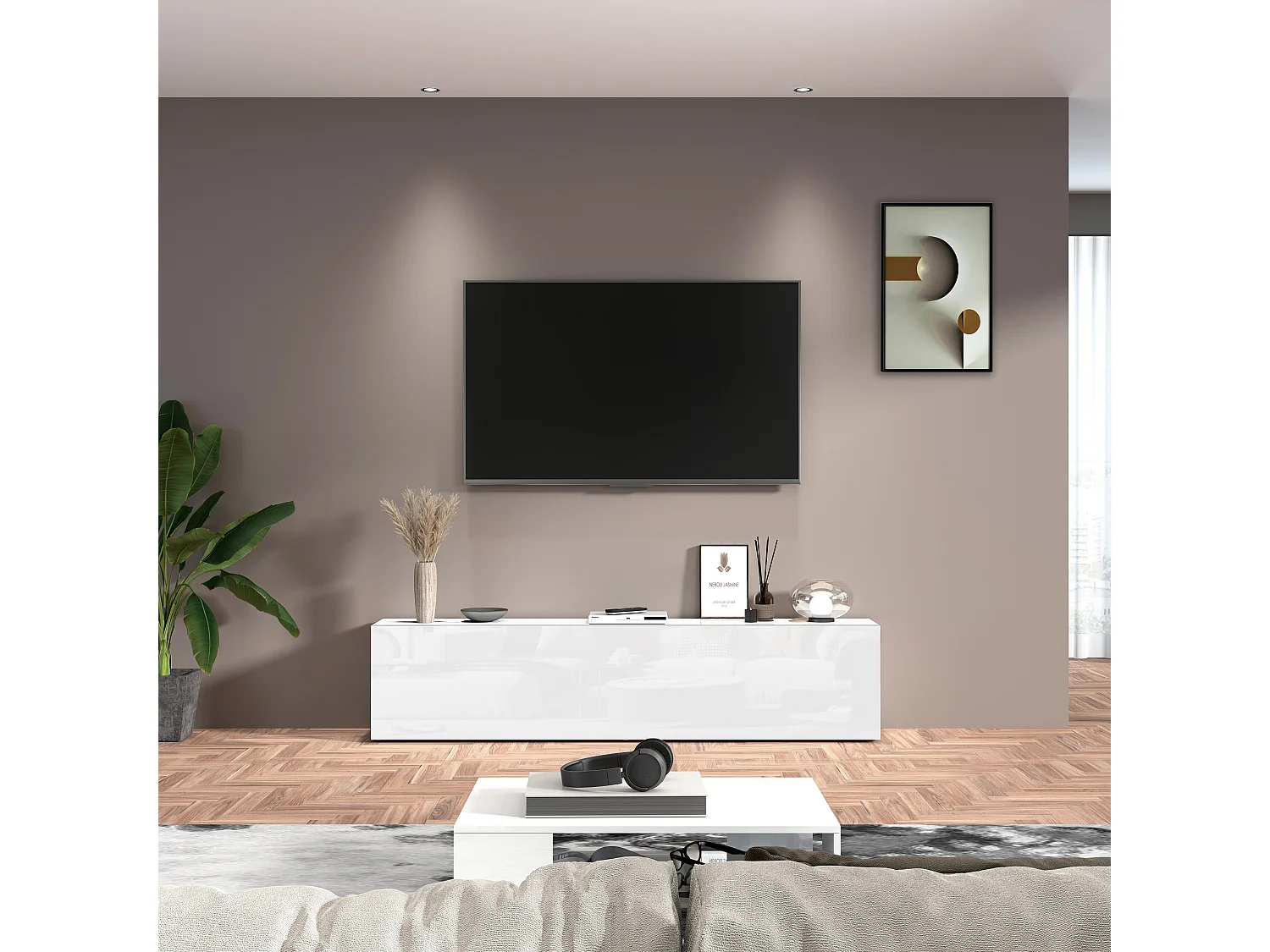 TV-Schrank Wohnzimmer 180 cm, 1 Tür, 2 Fächer, Weiß Hochglanz Joy Low