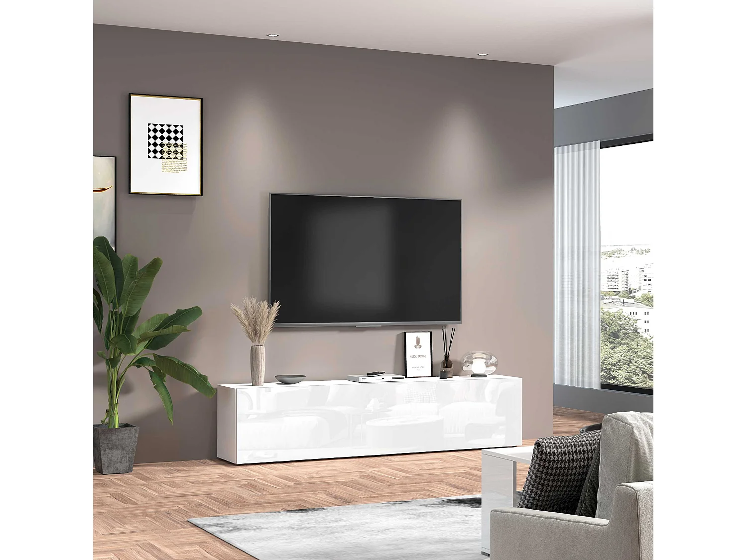 TV-Schrank Wohnzimmer 180 cm, 1 Tür, 2 Fächer, Weiß Hochglanz Joy Low