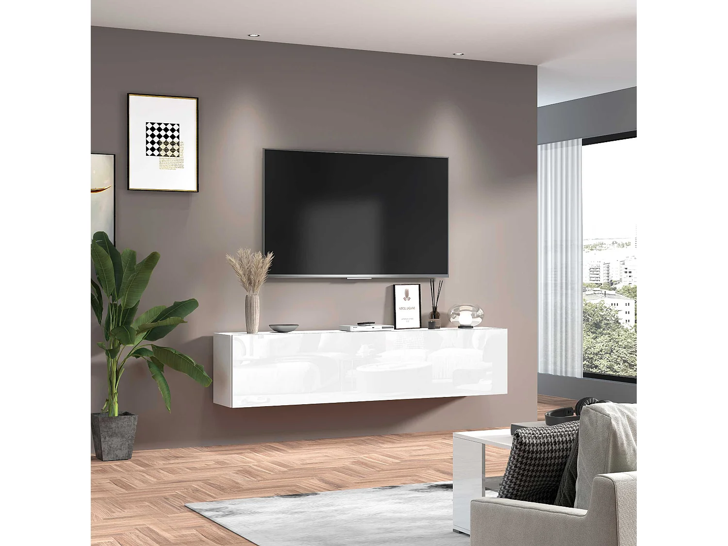 TV-Schrank Wohnzimmer 180 cm, 1 Tür, 2 Fächer, Weiß Hochglanz Joy Low