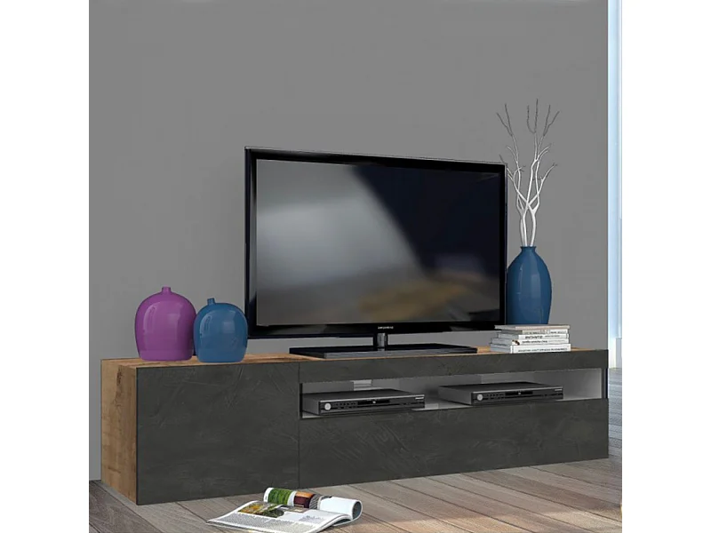 Meuble TV 155cm Industriel avec armoire et tiroir rabattable Steel