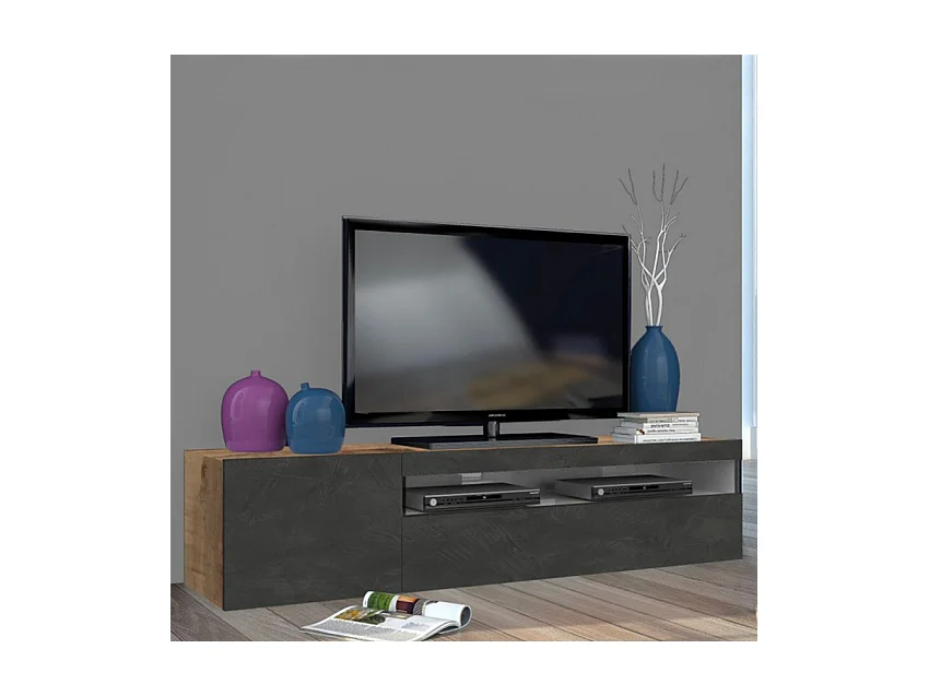 Meuble TV 155cm Industriel avec armoire et tiroir rabattable Steel