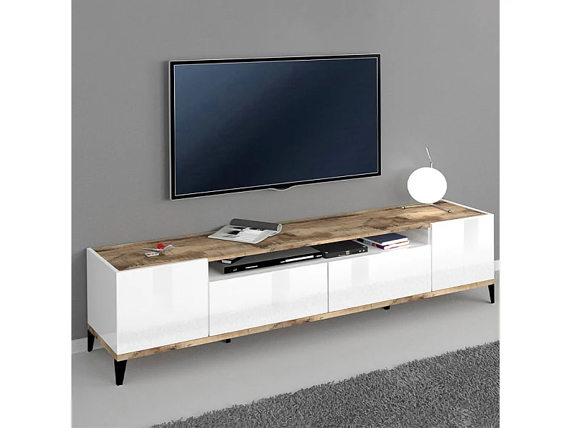 Meuble TV salon moderne armoire tiroir blanc brillant Polar